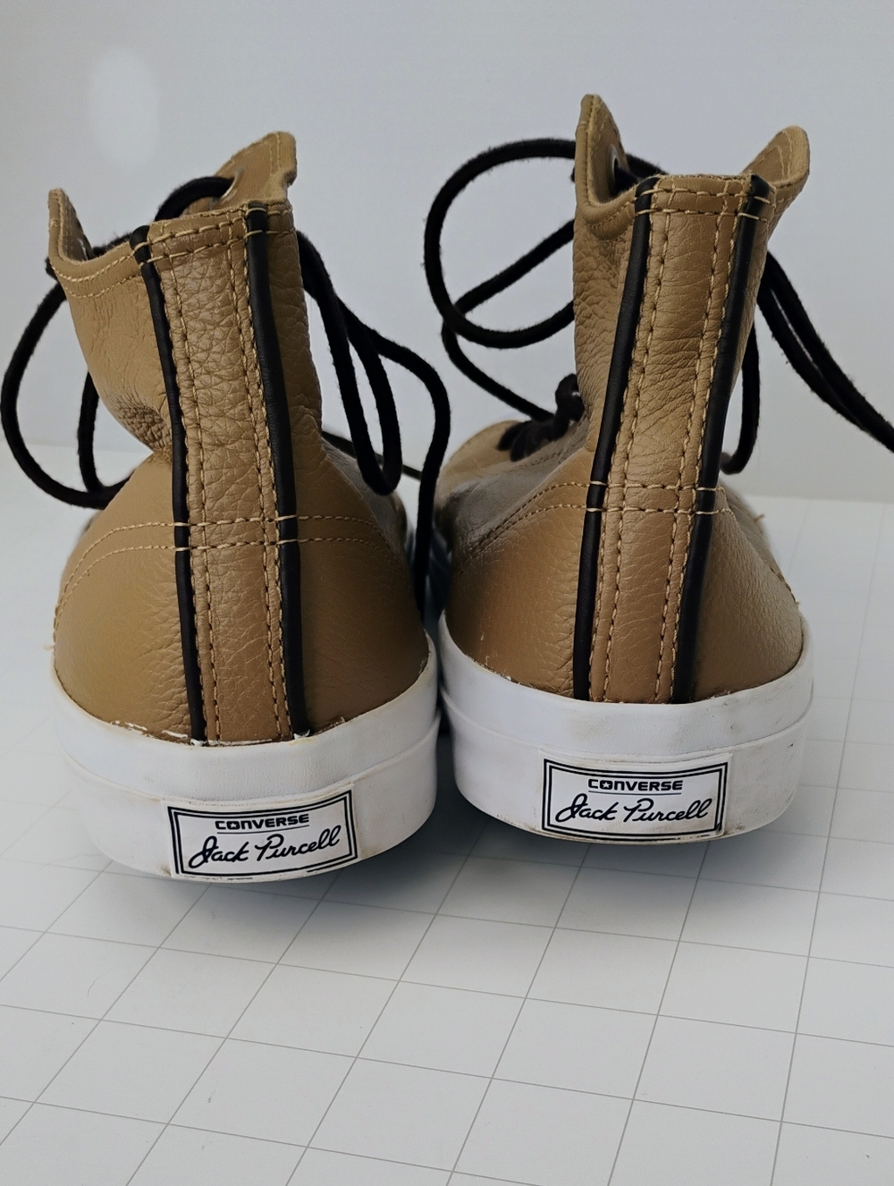 Converse Jack Purcell Skate High-Top Mid Tan Leather "Smile" Sneaker M-8, W-9.5
